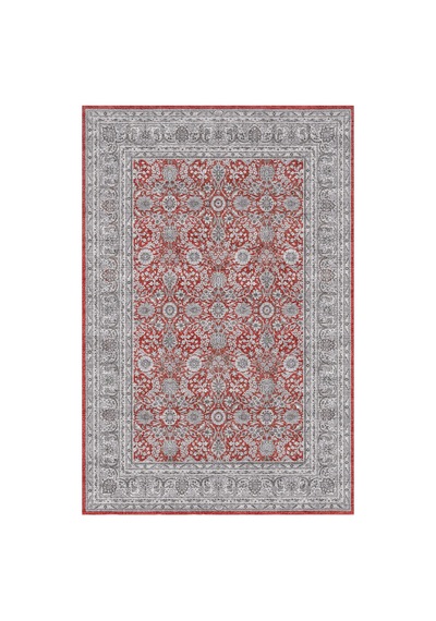 Zümrüt 04 Bordürlü Kırmızı Gri Krem Vintage Desenli Eskitme İnce Yıkanabilir Salon Ev Oda Halısı