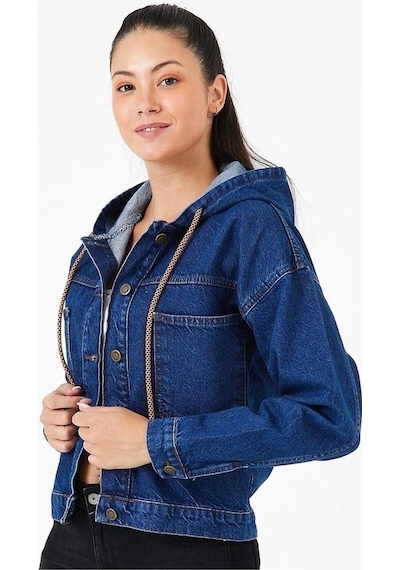 7004-kps Kadın Kapüşonlu Düğmeli Jeans Denim Kot Ceket Mavi