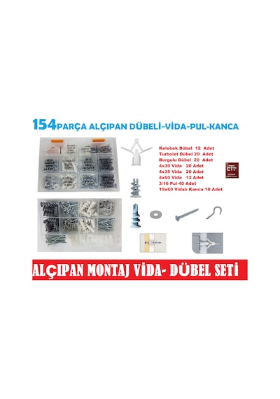 Alçıpan Dübel- Vida Seti 154 Parça -Montaj Seti