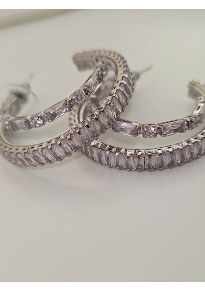 İkili Yarım Halka Model Zirkon Taşlı Antialerjik Vip Halka Silver Renk Küpe Antialerjik Silver