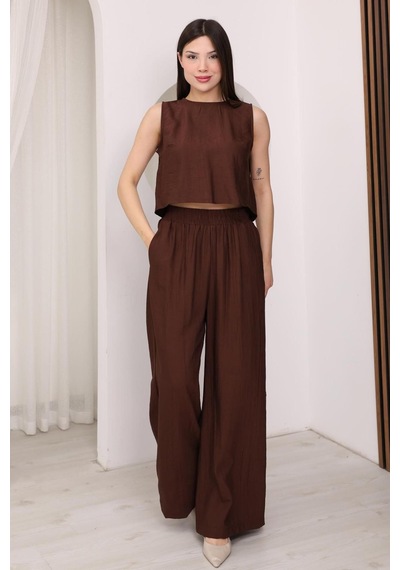 Famoda Kahverengi Sırtı Çapraz Bağcıklı Crop Bluz & Yüksek Bel Palazzo Pantolon Alt Üst Takım