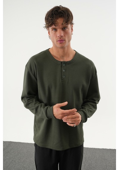 Redline Taren Oversize Erkek Kışlık Düğmeli Sweatshirt Haki