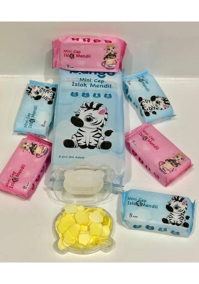 64'lü Mini Cep Islak Mendil Seti + 100 Adet Sihirli Tablet Sabun - Hijyen Paketi Mavi