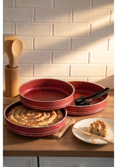 Porsima Montella 3lü Tepsi Seti Fırın Tepsisi 26-28-30cm Kızıl Kırmızı