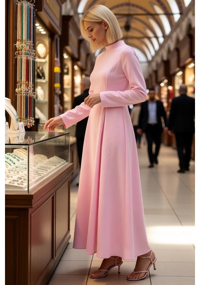Benerly Kadın Maxi Boy Bisiklet Yaka Uzun Kollu Modal Dokuma Elbise Astar Pembe
