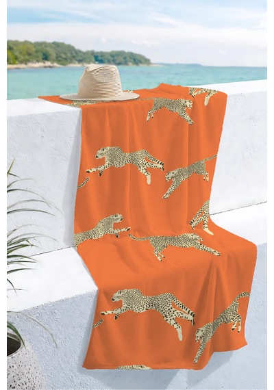 Leopar Safari Turuncu Plaj Havlusu - Egzotik Modern Hayvan Temalı Hızlı Kuruyan Mikrofiber Havlu Berrak Karamel