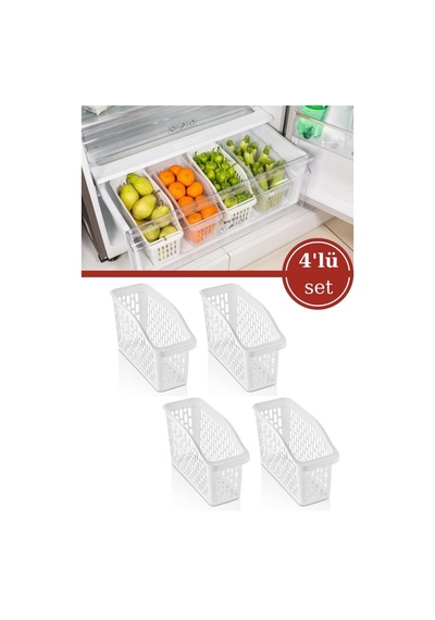 Flosoft 4 Adet Buzdolabı Sepeti, Mutfak Banyo Dolap İçi Düzenleyici Organizer 4 Lü Set 13x30x15cm
