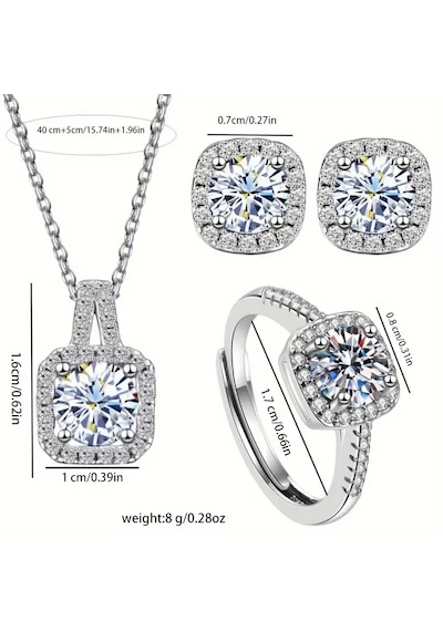 Baget Model Kolye, Küpe, Yüzük Crystal Set, Sevgililer Günü Gümüş