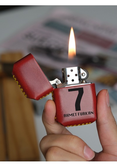 Hakiki Deri Kılıflı Sarı Kırmızı Taraftar Benzinli Çakmak