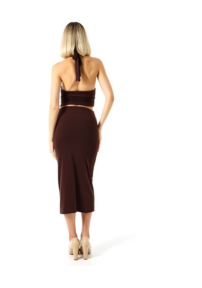 Gugus Kadın Sandy Kumaş İçi Astarlı Maxi Boy Büzgülü Etek 85 Cm Kahverengi