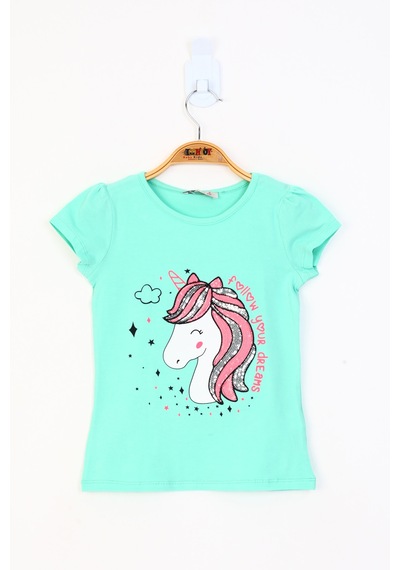 Toontoy Kids Toontoy Kız Çocuk Unicorn Baskılı Pul İşlemeli Tişört Mint Yeşili
