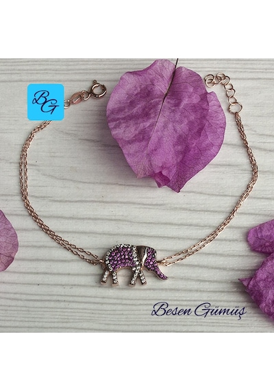 Rose Pembe Zirkon Taşlı Fil Bileklik Gümüş