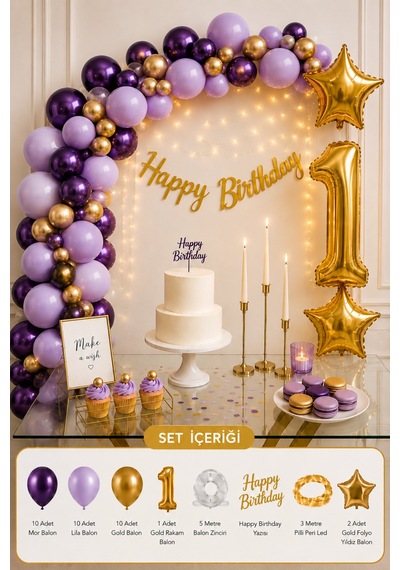 1 Yaş Doğum Günü Süsleme Seti Mor Lila Gold Balon Zinciri Led Ve Rakam Balonlu