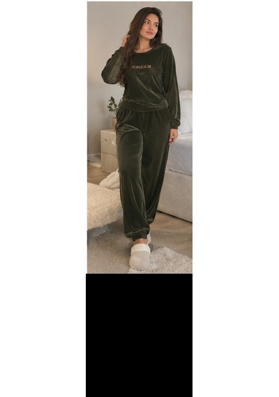 Mihra Mıhra Kadife Haki Bonjur Yazan Kadın Pijama Takımı