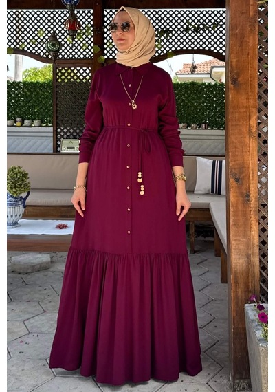 Rabia Şamlı Süreyya Gömlek Elbise Bordo Normal