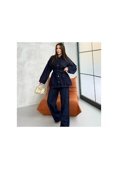 Asur Boutique Asur Butik Kadın Belden Bağlamalı Oversize Kot Takım Lacivert
