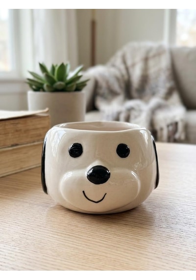 Siyah Kulaklı Köpek Kupa 3d Kabartmalı El Yapımı Krem Parlak Kupa - El İşçiliği 3d Hediyelik Kupa Beyaz - Çok Renkli