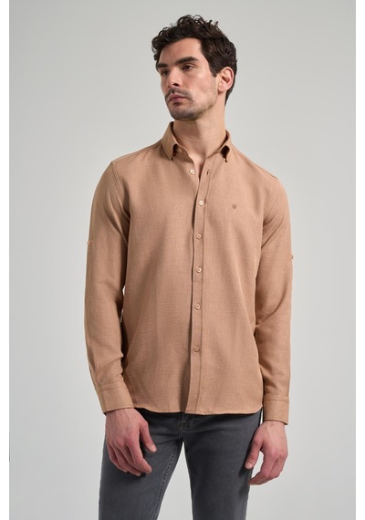 İmza Camel Kısalabilir Kol Düz Gabardin Düğmeli Yaka Cepsiz Casual Slim Fit Gömlek 1004250124 595 Camel