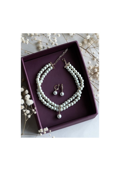 Zirkon Taşlı Tasma Choker İnci Kolye Ve İnci Küpe Seti Düğün Nikah Kına Beyaz