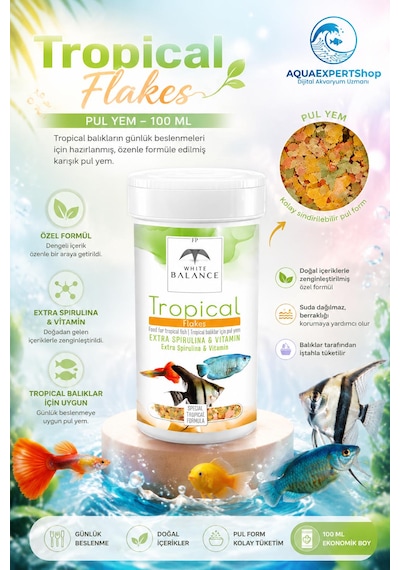 White Balance Tropical Flakes - Tropical Balık Yemi - Özel Formül - Zengin İçerik - Özel Türler İçin Besleyici - 100 Ml