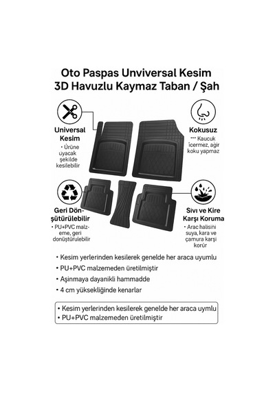 Universal Kesim 3d Havuzlu Oto Paspas Takımı 5 Parça Pu+pvc - Kokusuz Ve Yıkanabilir Siyah