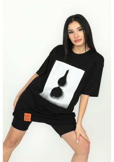 Şamdan Baskılı Oversize Tshirt Siyah-siyah Siyah