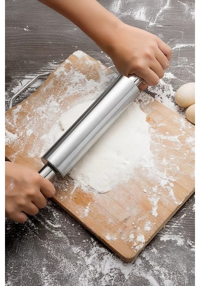 Büyük Boy Paslanmaz Çelik Merdane Ergonomik Döner Saplı Hamur Açma Rulosu Mutfak Şef Yardımcısı