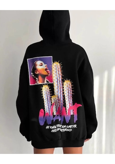 Kadın Oversize Kapüşonlu Cepli Want Baskılı 3 İplik Pamuklu Hoodie Sweatshirt - Siyah