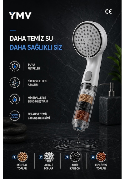 Ymv Mineralli Filtreli 5 Fonksiyonlu Duş Başlığı Start Stop Butonlu Basınç Destekli Banyo El Duşu Beyaz