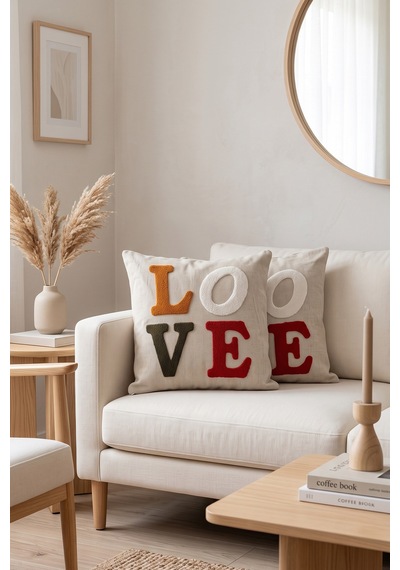 2'li Punch İşlemeli Kırlent Kılıfı Modern Bohem Dekoratif Koltuk Yastık Kılıfı Love Love