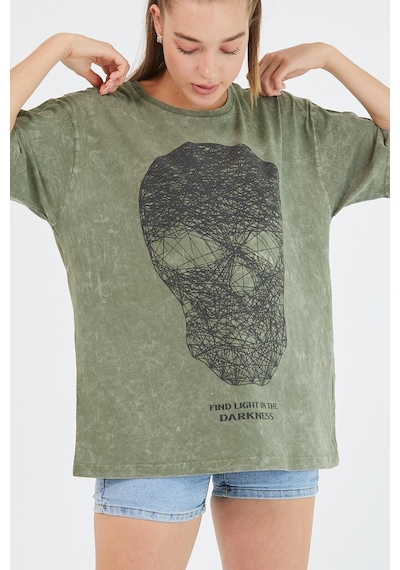 Kadın Parça Boya Baskılı Oversize Basic T-shirt Haki