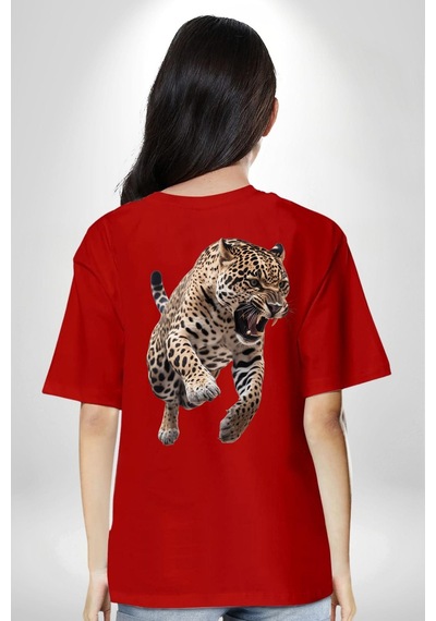 Jaguar Sırtından Çıkan Kırmızı Oversize Unisex Ön Ve Sırt Baskılı Tişört Kırmızı
