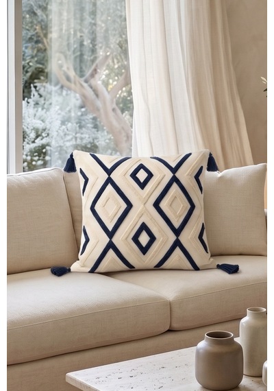 Bohem Etnik Geometrik Desenli Kabartmalı Punch Nakışlı Püsküllü Kırlent Kılıfı 42x42 Cm Mavi