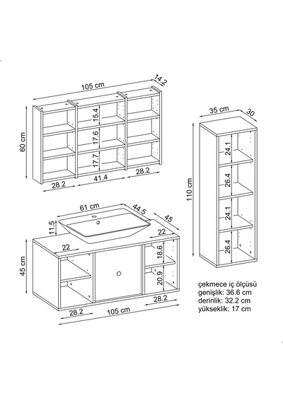 Çanak Lavabolu Mat Mdf 105 Cm Alt Dolabı + Aynalı Dolap Beyaz Mat Beyaz