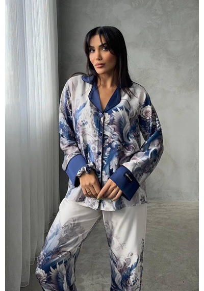 Gizotti D Acqua Saten Üçlü Pijama Takımı S Beyaz - Açık Mavi
