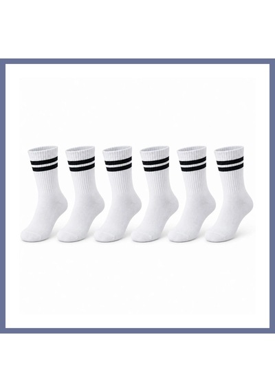 Bezos Unisex Beyaz Çorap Siyah Çizgili 6'lı Set Uzun Soket Günlük Spor Kolej Stil Rahat Kadın Erkek Çorabı Dlra