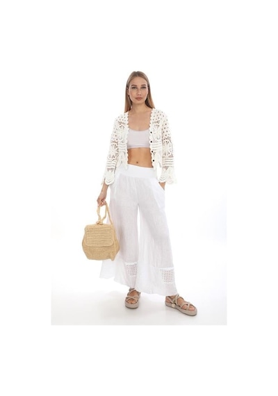 Eren Style İtalyan Fisto Detaylı Keten Pantolon-9186 Beyaz