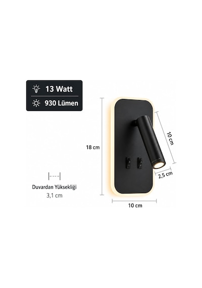 Tuvalu Siyah Led Duvar Apliği / 13w / 3200k Gün Işığı / Çift Anahtarlı Çift Kademe Yanma / 930 Lümen / 220 Diğer