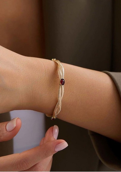 14 Ayar Altın Garnet Taşlı İtalyan Esnek Bilezik Sarı Altın