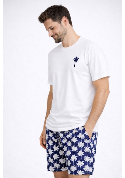Erkek Pamuklu Kısa Kollu Palmiye Desenli Cepli Şortlu Pijama Takımı Ke77626 Lacivert - Beyaz