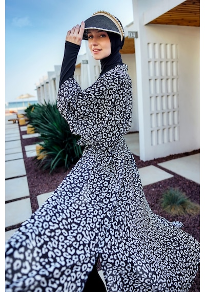 Remsa Mayo Remsa Tesettür Mayo Üzerine Tek Kaftan Kimono Pareo Beyaz Rp036 Leopar Beyaz