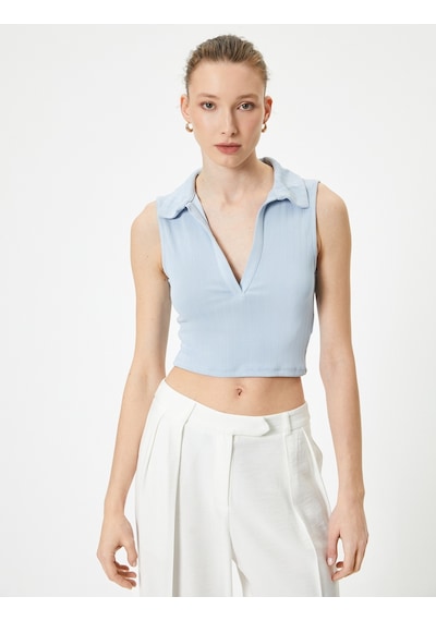 Koton Crop Atlet Polo Yaka Fitilli Modal Karışımlı Standart Kesim Mavi 4sak10256ek Mavi