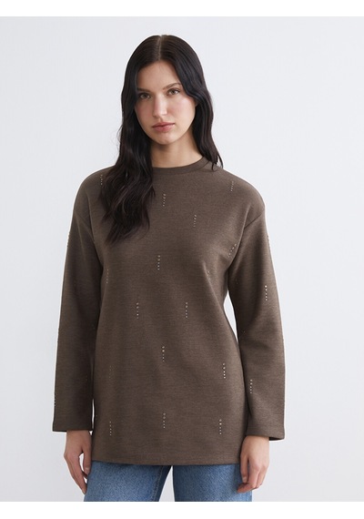 Lcwaıkıkı Classic Bej Soft Touch Taşlı Kadın Sweatshirt Tunik