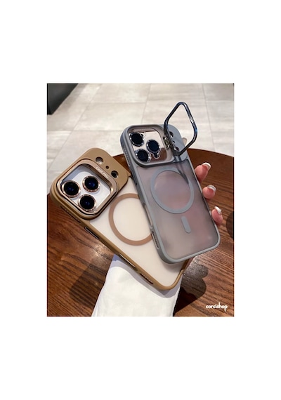 İphone 17 Uyumlu Kılıf Açılır Kamera Stand Magsafeli Mat Renkli Şeffaf + Lens Koruyucu Set Lacivert