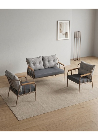 Paris 2+1+1 Metal Balkon Takımı Keten Dokulu Kumaş Cappuccino Metal - Bahçe Teras Oturma Grubu