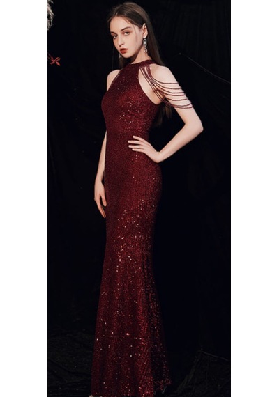 Hanife Glam Couture Hanife Glam Halter Yaka Taş Tasarımlı Pul Payet Abiye Elbise Bordo