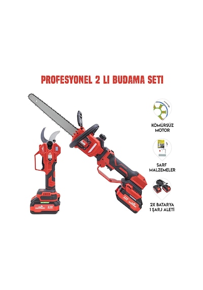 Dw Bt0228 Profesyonel Akülü Kömürsüz 2li Bağ Seti - 50mm Bağ Makası + 25cm Uzatmalı Dal Kesme Testeresi