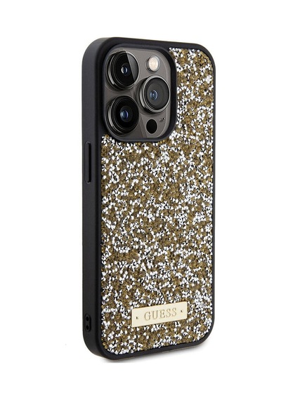 Apple Uyumlu iPhone 15 Pro Kılıf Guess Lisanslı Taşlı Arka Yüzey Metal Yazı Logolu Kapak Siyah
