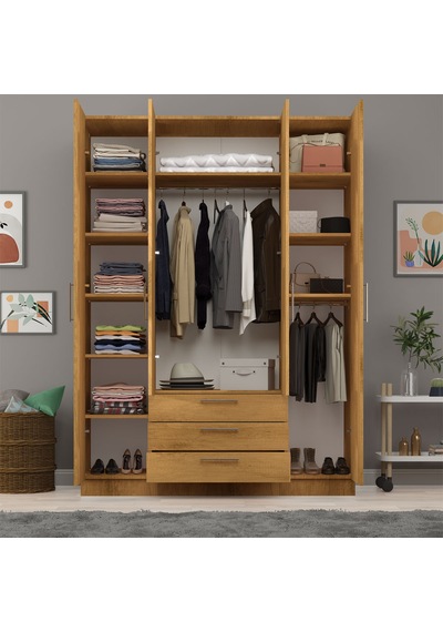 Asra Trend 4 Kapaklı Gardırop G-02 %100 MDF 3 Çekmeceli Fonksiyonel Elbise Dolabı Petra
