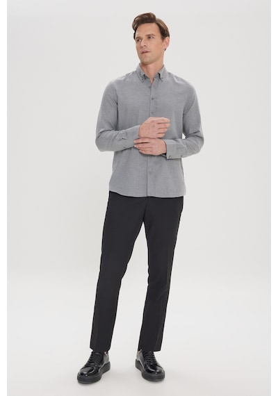 AC&Co / Altınyıldız Classics Erkek Acık Grı Slim Fit Dar Kesim Düğmeli Yaka Pamuklu Flanel Oduncu Gömlek Açık Gri